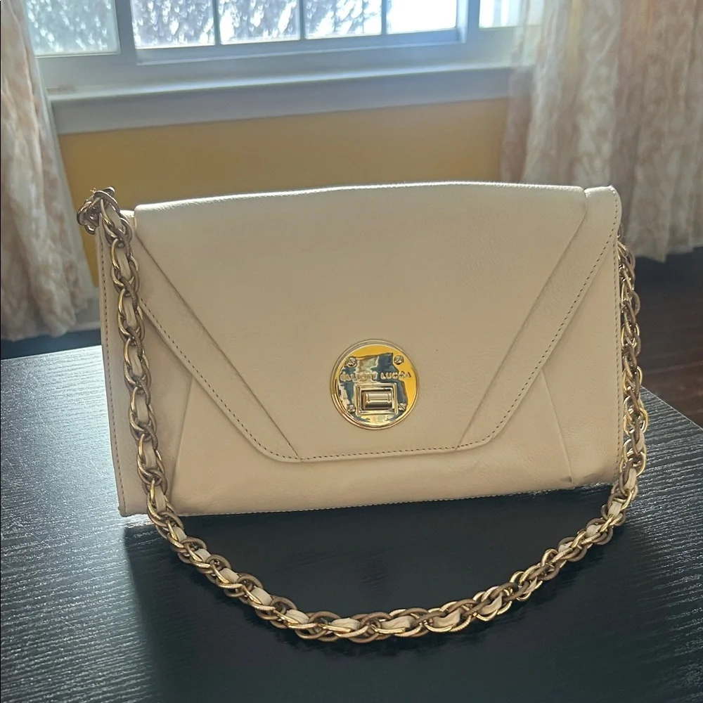 Elliott Lucca Cream Leather Clutch with Gold Chain - Picture 1 of 16